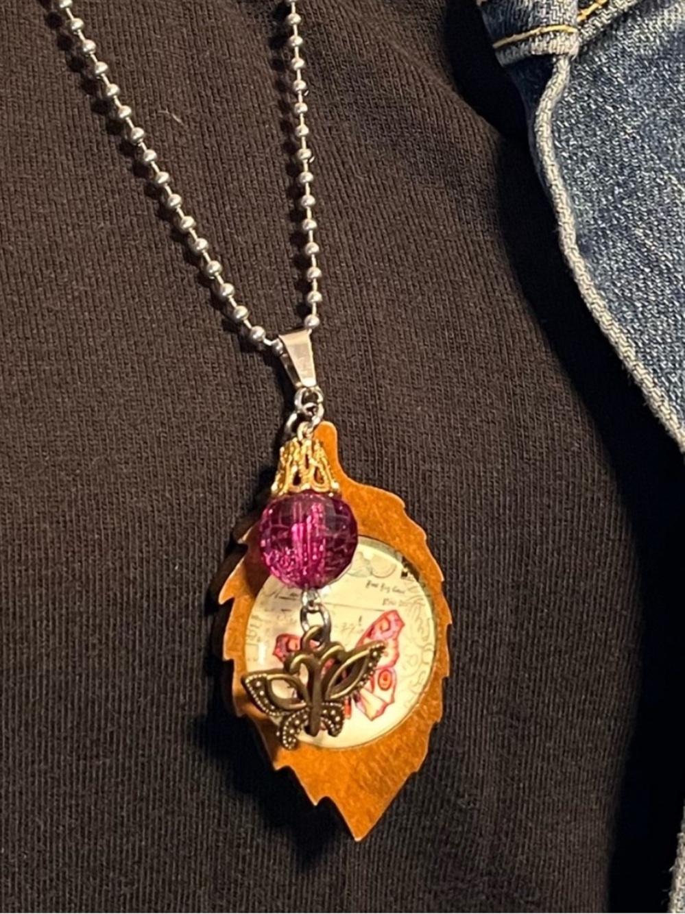 Handcrafted Wooden Leaf Butterfly Necklace Boho Nature Inspired 26” - Picture 10 of 15